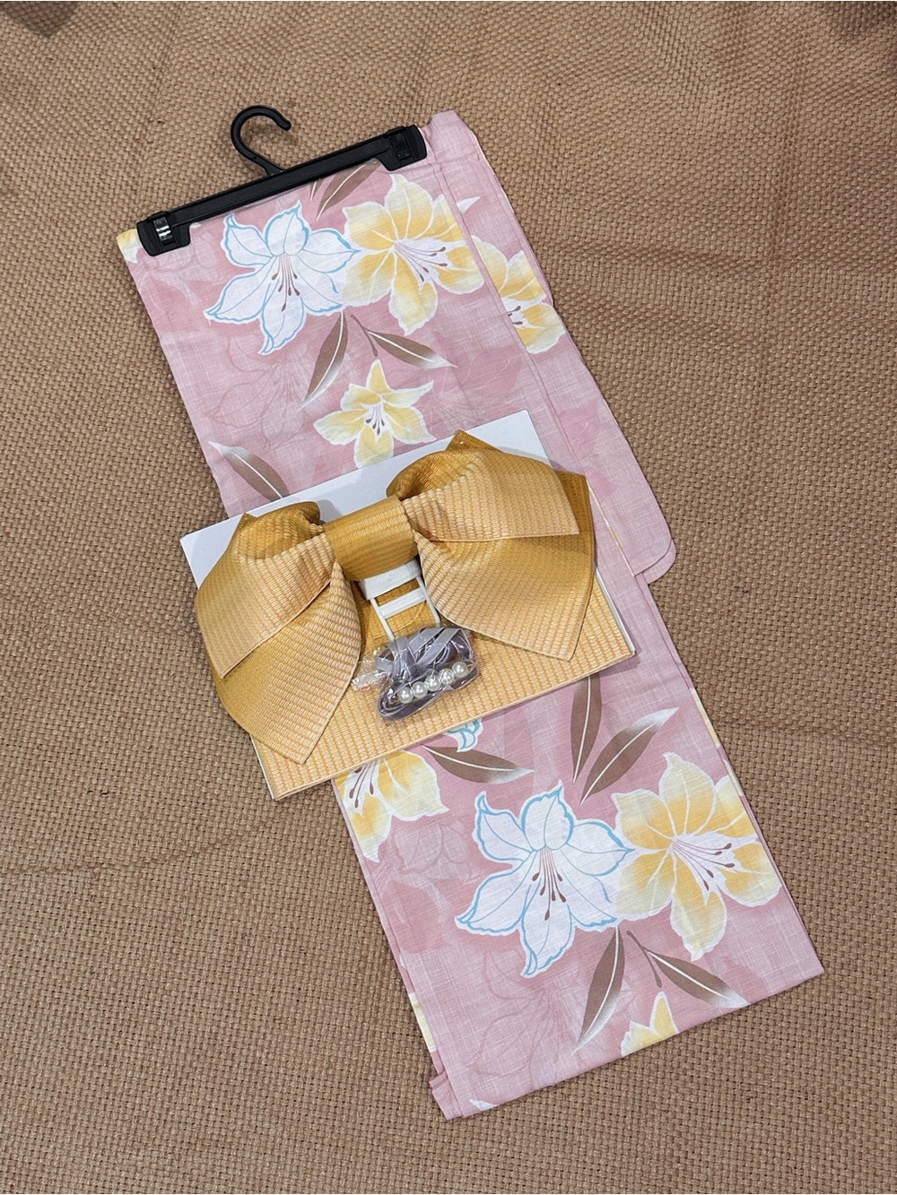 Women’s Japanese Yukata Kimono Lily Flower Pattern with Pre-Tied Bow Obi Set